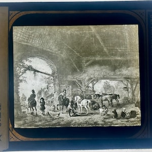 May include: A black and white image of a stable scene with horses, people, and animals. The image is labeled "Germany-Dresden-R.Wouwerman Stable" and "Department of Public Instruction."