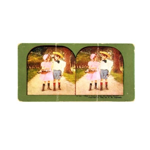 Vintage Stereograph Print of Young Boy & Girl Admiring Each Other in Period Attire