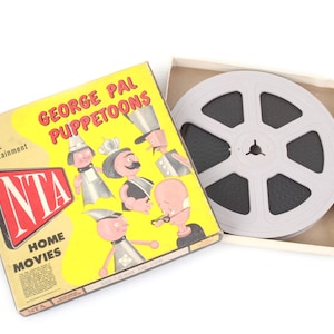 May include: Vintage "George Pal Puppetoons" film reel and box. The box is yellow with cartoon illustrations and the text "NTA HOME MOVIES". The film reel is gray and black, and is in a cardboard box.