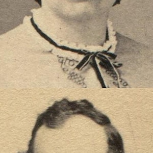 Puede incluir: Fotografía en blanco y negro con dos retratos. El retrato superior es de una mujer con cabello oscuro y una cinta oscura. El retrato inferior es de un hombre con barba y traje oscuro.