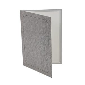 May include: A gray, textured card with a decorative border, partially open to reveal a white interior with a matching border. The card is set against a white background.