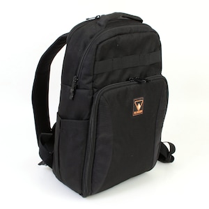 May include: A black backpack with a zippered pocket on the front and a small orange logo that says "SLINGSHOT".