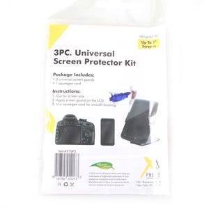 May include: A clear plastic package containing a 3-piece universal screen protector kit. The package includes screen guards and a squeegee card. The text on the package reads "3PC. Universal Screen Protector Kit."