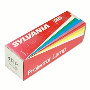 May include: A red Sylvania Projector Lamp box with the text "SYLVANIA" in white. The box has a colorful stripe design and the text "Projector Lamp". The box also has the text "BRP" and other technical specifications.