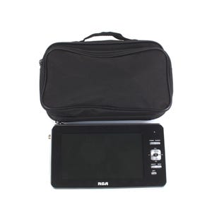 May include: A black portable television with a black carrying case. The TV has a black screen and control buttons on the right side. The carrying case is rectangular with a handle.