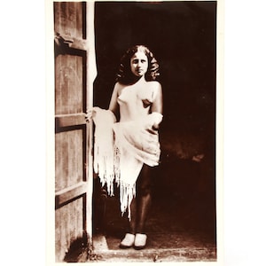 Vintage French Post Card of Attractive Women In Doorway Black & White Photo