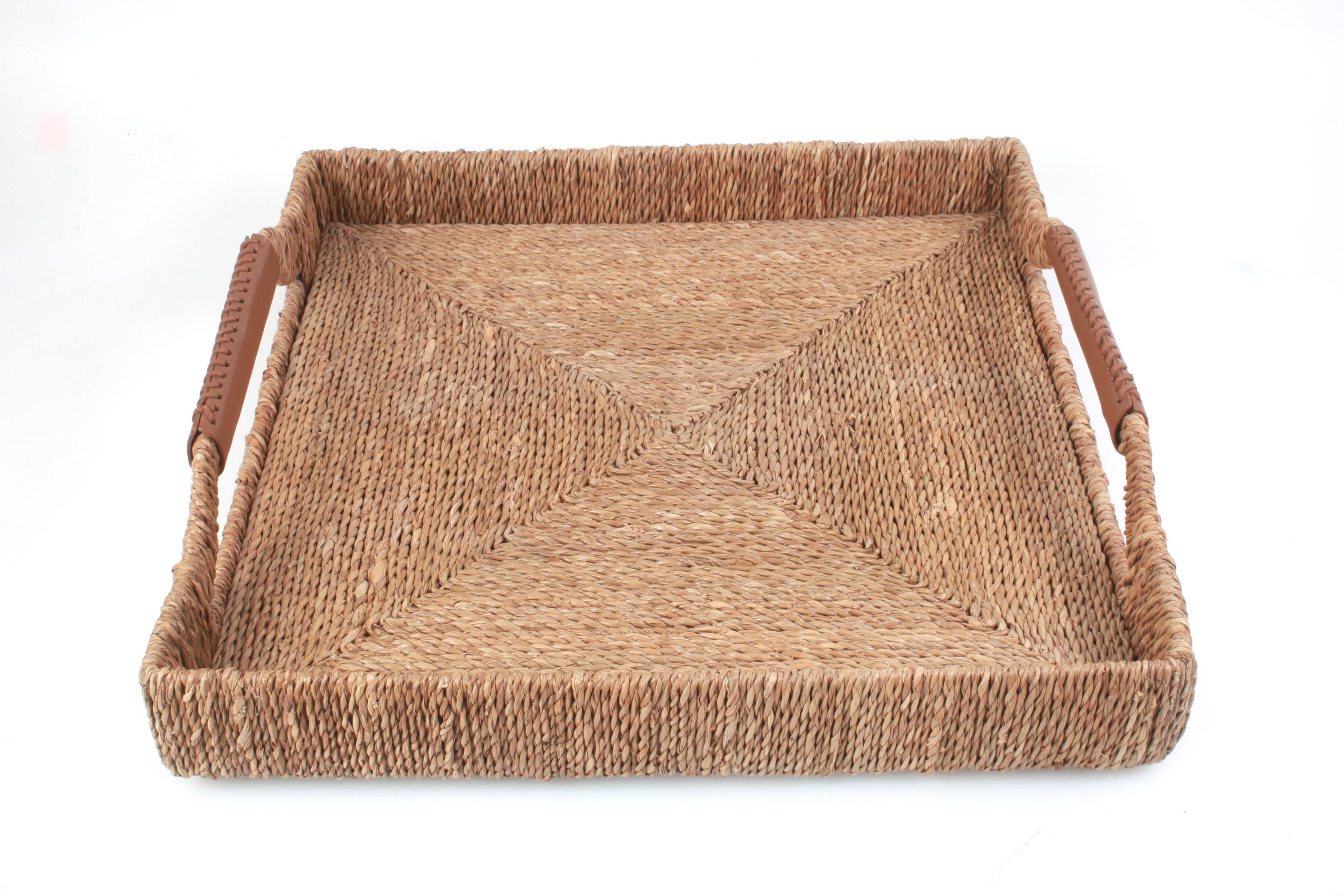 Vintage Bankuan Woven Extra Large Tray with Leather Handles