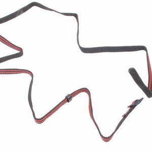 May include: A black and red nylon strap with a buckle and a loop. The strap is designed with a red stripe down the center and is likely used for securing or adjusting items. The strap is on a white background.