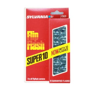 May include: A red and yellow box with the text "SYLVANIA Flip Flash SUPER 10 NOW WITH 10 FLASHES" and a smaller box with 10 silver flash bulbs.  For all Flipflash cameras. 10 Guaranteed Flashes.