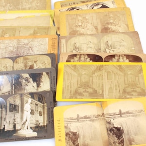 Puede incluir: Una colección de tarjetas estereoscópicas antiguas que muestran varias escenas, incluyendo una estatua, el interior de un edificio y una cascada. Las tarjetas están en buen estado y tienen un tono amarillento.