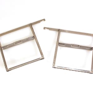 May include: Two silver metal frames with a grid pattern and a small horizontal bar in the middle. The top bar of the frame on the right has the text "4X5" printed on it.