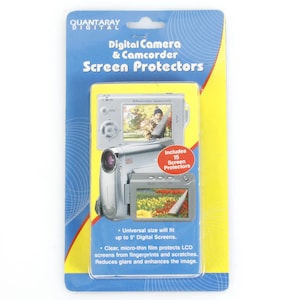 May include: A pack of Quantaray Digital Camera & Camcorder Screen Protectors. The packaging shows a digital camera and camcorder. The pack includes 15 screen protectors. The packaging is blue and yellow.