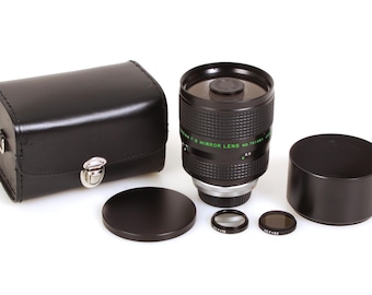 Lente de espejo Quantaray de 500 mm, teleobjetivo macro f/8.0 para FD con estuche, tapas y parasol