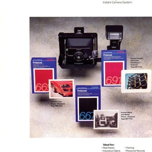 May include: A black Polaroid ProPack instant camera system with a flash unit, three boxes of film labeled 669, 691, and 667, and three sample photographs. The text reads: The World's Most Versatile Instant Camera is Now in Business.