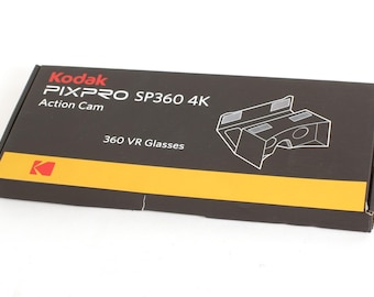 May include: A black box with a yellow stripe and the text "Kodak PIXPRO SP360 4K Action Cam 360 VR Glasses" on it. A diagram of the 360 VR Glasses is shown on the box.