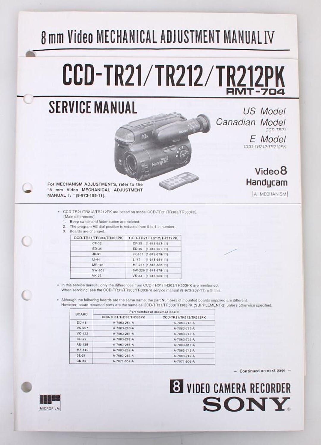 Sony Video8 Handycam Ccd-tr21/tr212/tr212pk Service Manual - Etsy