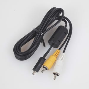 May include: Black AV cable with a black connector, a yellow connector, and a white connector. The cable is coiled and secured with a black tie. The connectors are RCA and mini-USB.