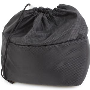 May include: A black drawstring bag made of a textured fabric. The bag is empty and has a white drawstring.
