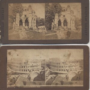 Conjunto de cuatro vistas estereoscópicas del Coliseo, el Palacio de Buckingham y la Abadía de Dryburgh, Lyon.
