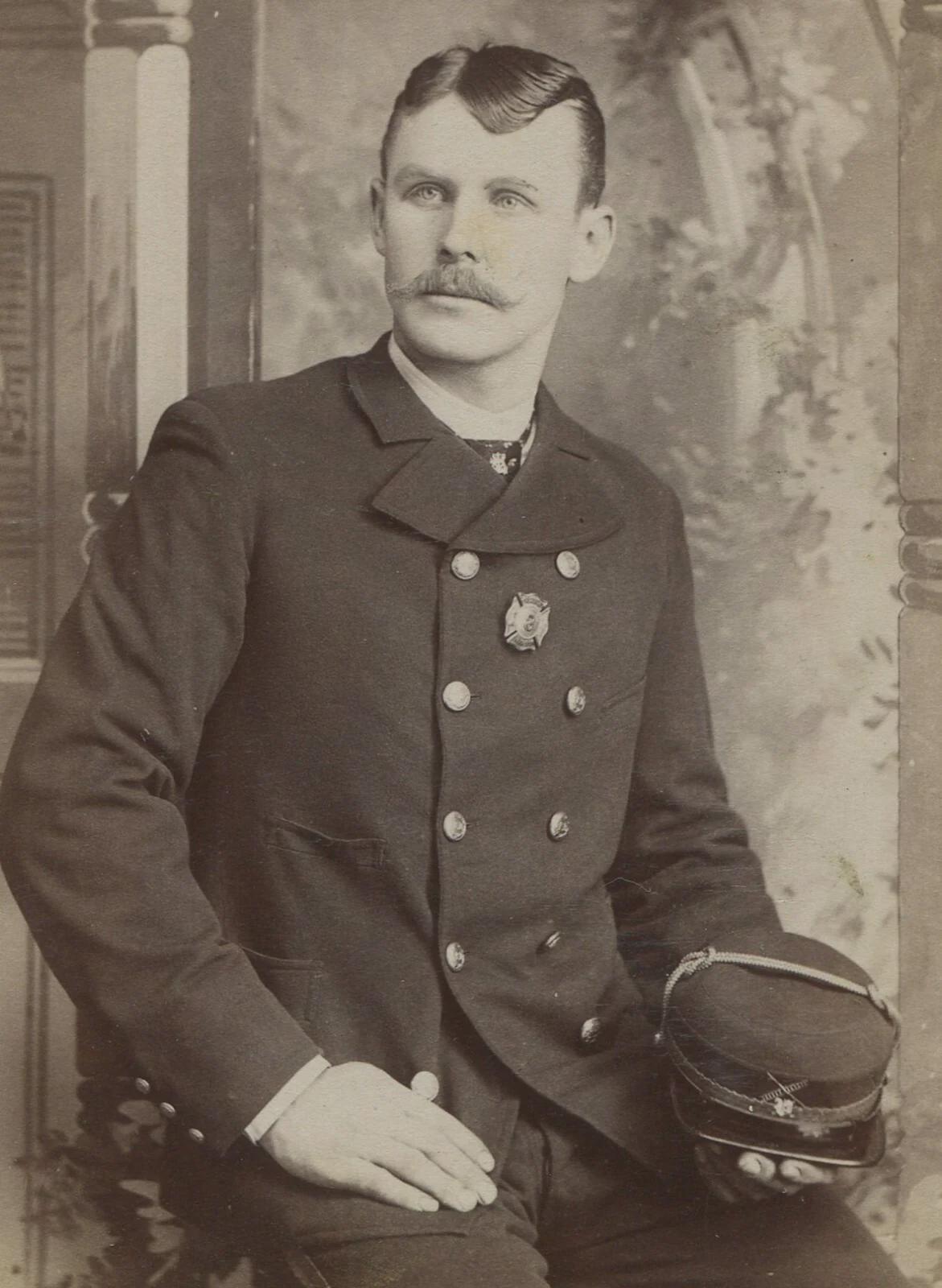 Original Rider Fireman Vintage Cabinet Card Portrait: Fireman in Dress Uniform Holding Hat ...