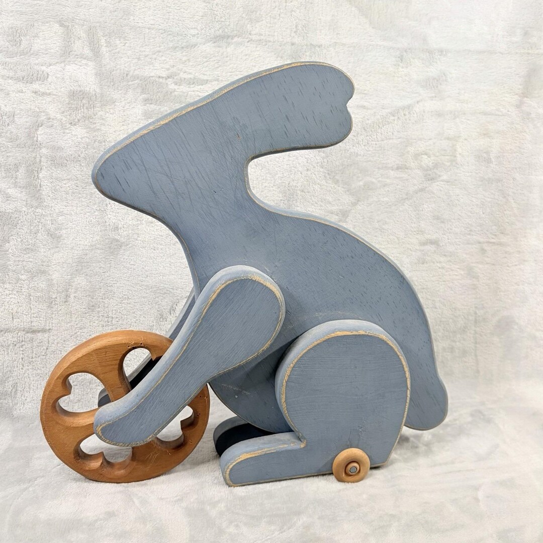Blue Wood Bunny Rabbit on Wheels Figure Decor Primitive Farmhouse ...