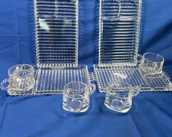Hazel Atlas Crystal Snack Set w/ Cups – Mid Century Hostess Party Trays – Set of