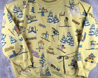 Vintage 80s All Over Print Colorado Ski Resort Cartoon Crewneck Sweatshirt