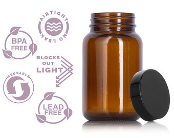 May include: Amber glass bottle with a black lid. The bottle is labeled with the text "Airtight No Leak", "Blocks Out Light", "BPA Free", "Reusable", and "Lead Free".