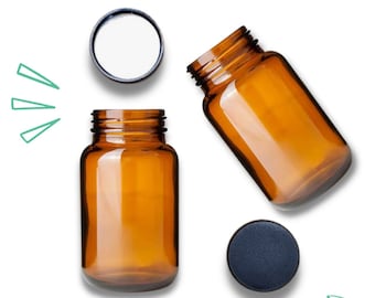 May include: Two amber glass bottles with black lids. The bottles are empty and have a rounded shape. The lids are closed.