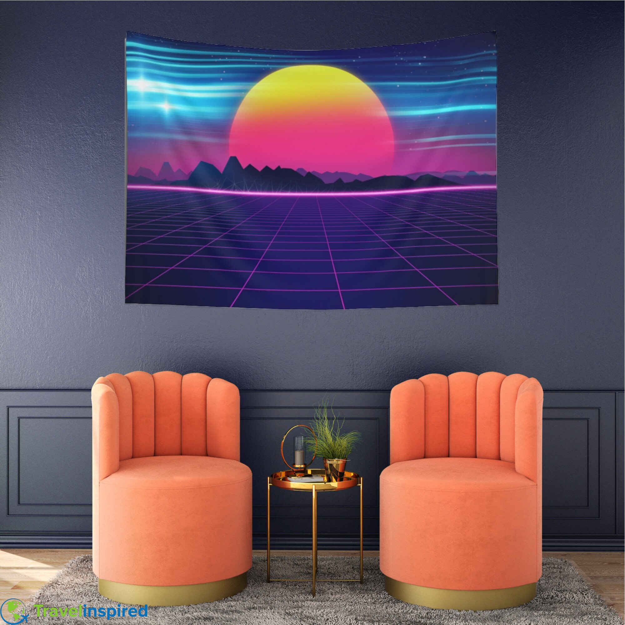 80s Retro Style Landscape Tapestry Digital Cyber World of the Etsy