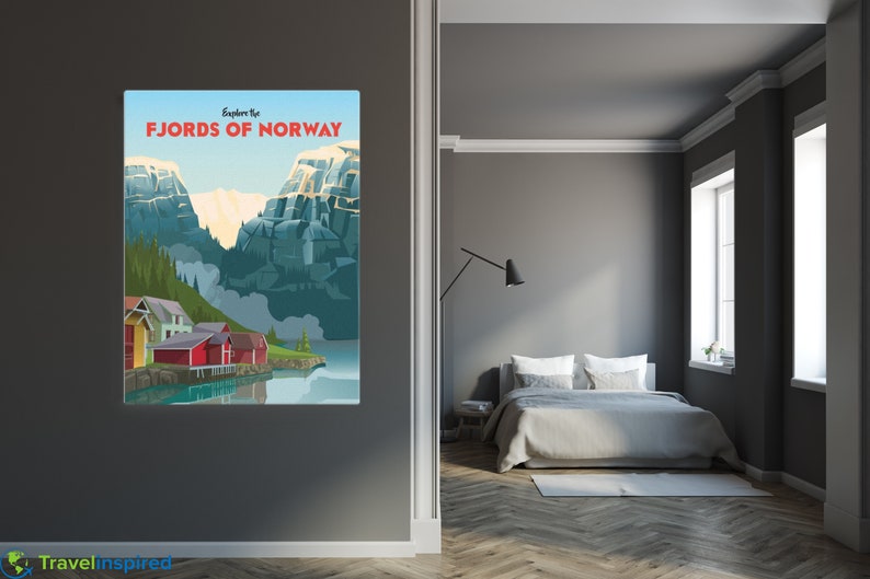 Retro Advertisement Snow Mountains and Village Vintage Norway Canvas Explore the Fjords of Norway