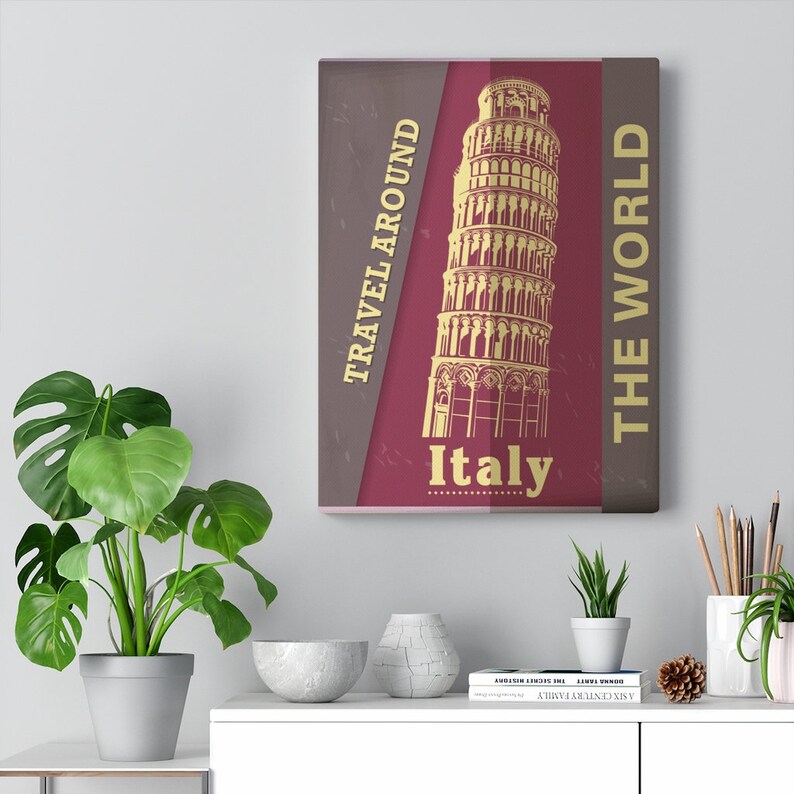 Travel Around The World Advertisement Tower of Pisa Retro Italy Vintage Italy Canvas