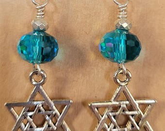 Sparkly Faceted Aqua Crystal STAR OF DAVID Earrings - Hanukkah