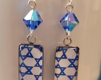 Hanukkah BLUE Star of David & Swarovski Crystal Drop Earrings