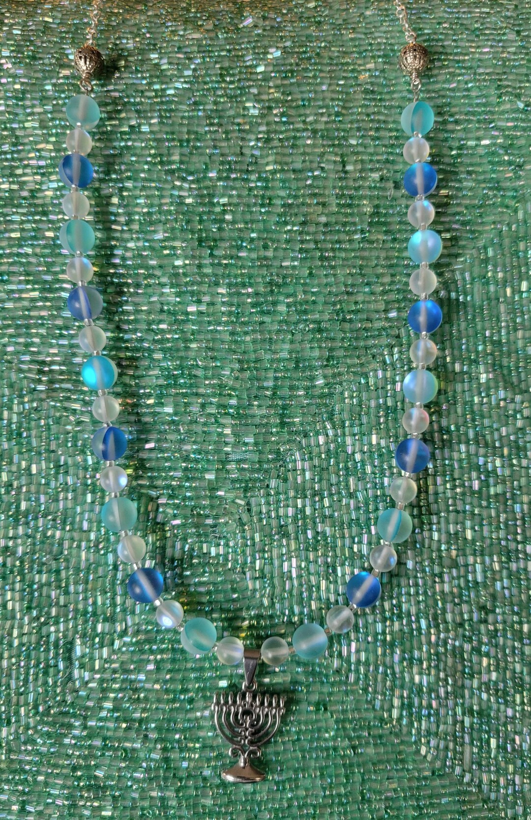 Hanukkah Menorah Pendant, Blue & Aqua Mermaid Glass Beaded Necklace Etsy