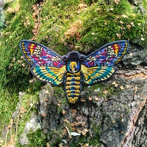Butterfly Deadhead patch, Death's-head hawkmoth embroidery, Moth patch, Acherontia atropos art, Biker patch, Hippie Patch
