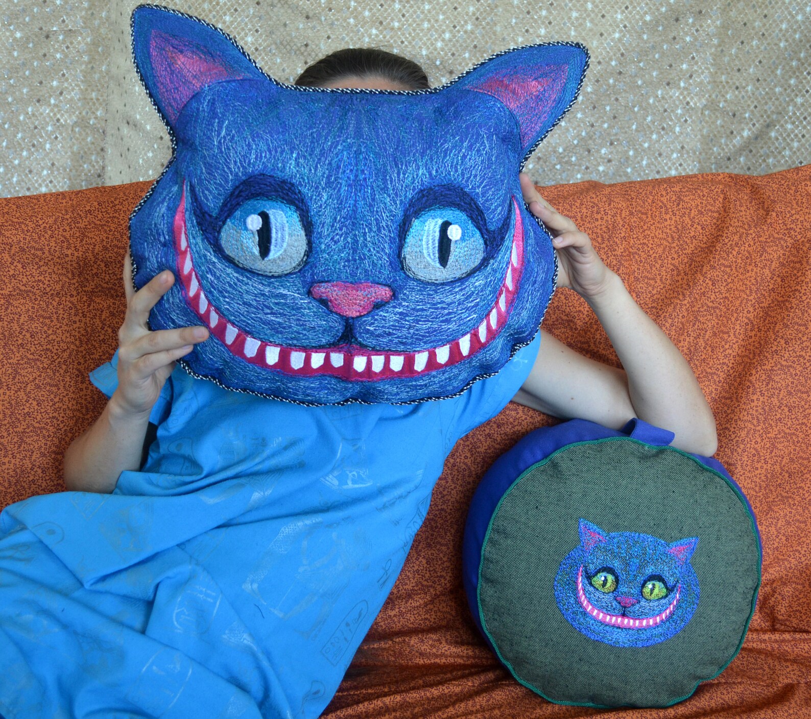 Cheshire cat blue pillow embroidered big size with filler | Etsy