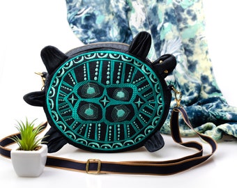 Handbag embroidered turtle shaped Small bag embroidered Weekender handbag unusual Textile vegan bag