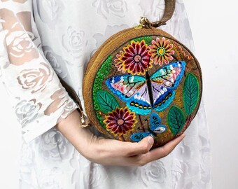 Hip bag Flower Butterfly Small shoulder bag Vegan crossbody bag circle shape Designer handmade handbag