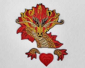 Embroidered Dragon iron on patch, Dragon appliques, Dragon embroidered patches, Mythical creatures iron-on patch, Gold Dragon, Red Dragon
