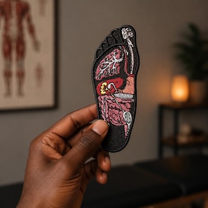 May include: A black embroidered patch in the shape of a foot, featuring a detailed anatomical illustration of the foot's internal structures. The design includes red, pink, and white elements, depicting veins, organs, and bones.