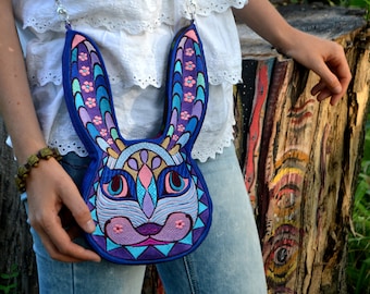 Multicolor bag, Embroidered handbag Blue Rabbit, Fantasy teenager handbag, Boho Art wallet, Festive handbag rabbit shaped, Hippie style bag