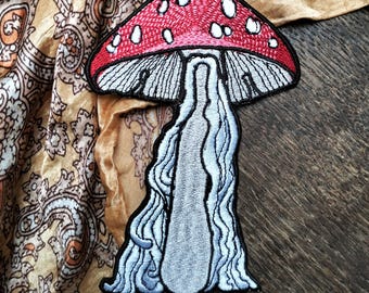 Mushroom patch fly agaric, Fantasy Fungi, Embroidery patch 4 inches,  Nature lovers patch, Amanita mushroom, Applique for Vest, Patch Fungus