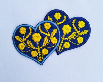Patches of Hearts, Yellow-blue hearts Ukrainian symbols, Embroidered heart iron on patch, Appliques on dress, Iron appliques embroidered