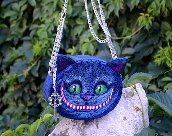 Handbag embroidered Cheshire cat, Blue textile bag for festival, Festive bag for Burning Man, Gift for Alice, Gift for birthday