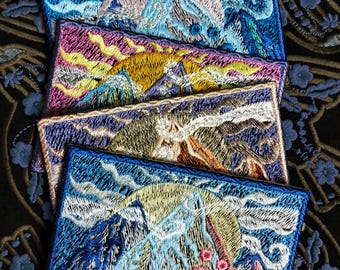 Patch Mountains embroidered, Landscape patch, Iron on patches for shopping bag, Gift for nature lovers, Nature patch, Golden sun embroidery