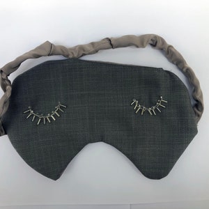 Hand-sewn and embroidered sleep mask in grey cotton and beige silk satin