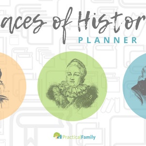 May include: A graphic with the text "Faces of History PLANNER" in black text on a white background. Three circles with historical figures are shown. The circle on the left is peach with a black and white image of a person in profile. The circle in the middle is green with a black and white image of a person in profile. The circle on the right is blue with a black and white image of a person in profile.