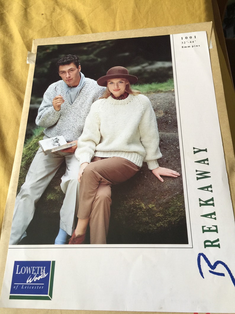 Vintage loweth couples raglan sweaters knitting pattern size 32-44 single sheet pattern