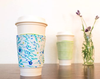 Blue Poppy/ Green Stripe Coffee Sleeves - Set of 2